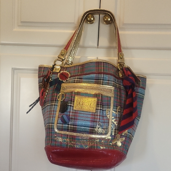 Handbags - Coach Poppy Plaid Tote Bag with Gold, Blues, Greens and Reds.